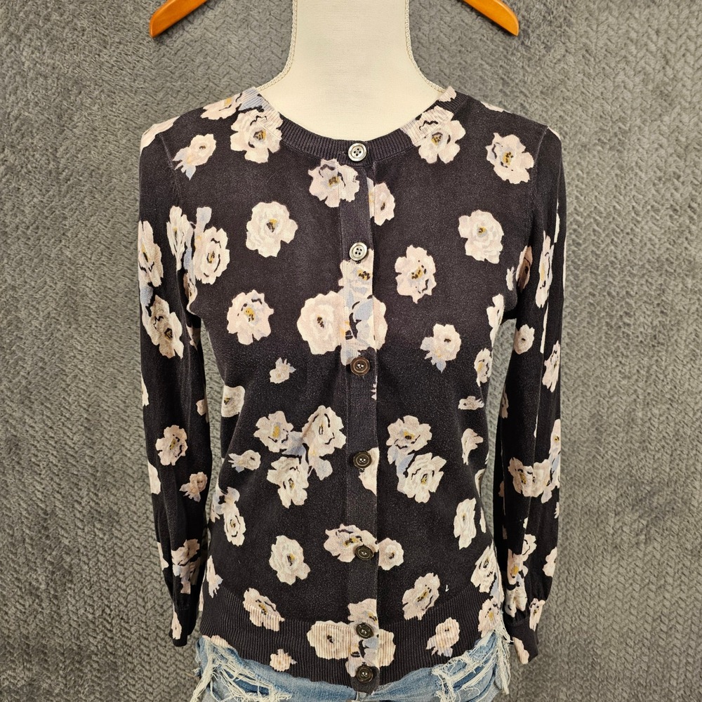 LOFT Petites Floral Cotton Button Front Cardigan Sweater Black White SP